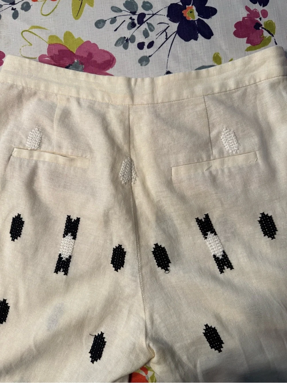 Zara Cropped Embroidered Linen Blend Pants M Ivory Euro Summer Resort Boho U
